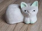 Mooie Vintage Houten Hand carved Kat Poes Beeld Wit Groen, Verzenden, Gebruikt, Dier