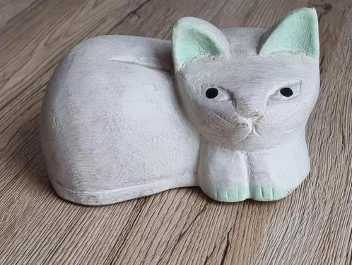 Mooie Vintage Houten Hand carved Kat Poes Beeld Wit Groen, Verzamelen, Beelden en Beeldjes, Gebruikt, Dier, Verzenden