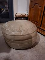 Gave stoere groen- grijze vintage leren lederen poef, Ophalen of Verzenden, Rond, Minder dan 50 cm