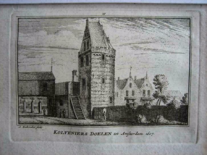 010 / Kolveniersdoelen Amsterdam  Kopergravure 18e Eeuw, Antiek en Kunst, Kunst | Etsen en Gravures, Ophalen of Verzenden