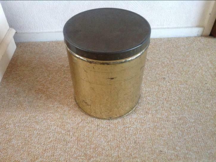 Antiek blik Van Nelle koffie /thee goudkleurig 25 cm hoog, Verzamelen, Blikken, Gebruikt, Koffie, Van Nelle, Ophalen of Verzenden