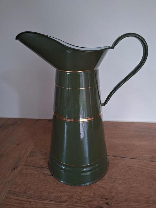 Donkergroen emaille lampetkan met gouden bies, Antiek en Kunst, Antiek | Emaille, Ophalen of Verzenden