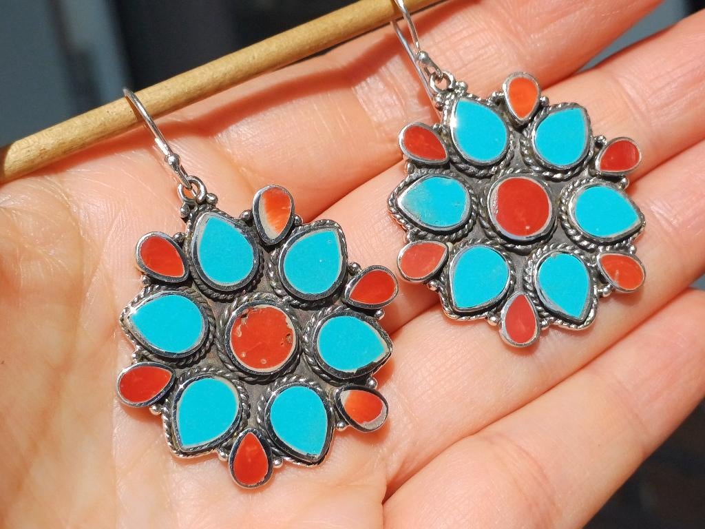 Vanoli 925 zilveren oorbellen met turquoise en bloedkoraal, Sieraden, Tassen en Uiterlijk, Oorbellen, Daiva1973@hotmail.com, Hangers