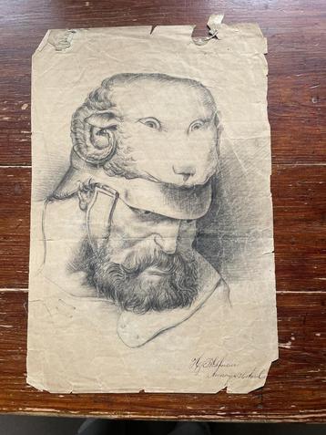 Dubbele afbeelding Mannenkop met een schapenkop  beschikbaar voor biedingen