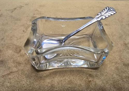 Zilveren Zoutlepeltje & Kristallen Zoutbakje, Antiek en Kunst, Antiek | Glas en Kristal, Ophalen of Verzenden