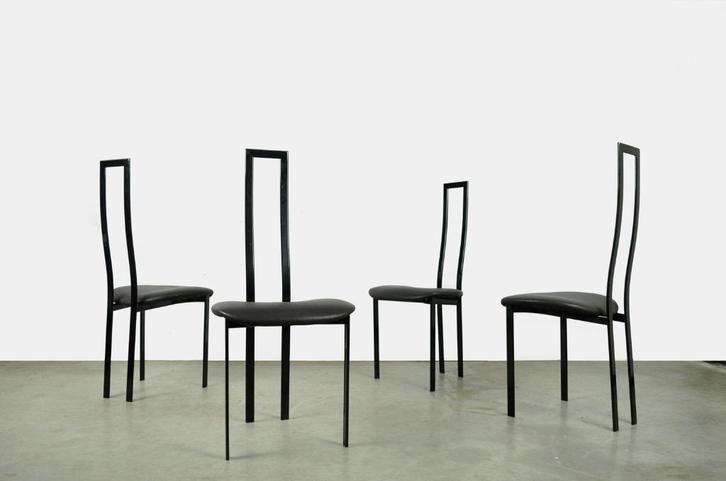 Vintage postmoderne eettafelstoelen, Cattelan, Italie 80s, Huis en Inrichting, Stoelen, Gebruikt, Vier, Metaal, Overige materialen