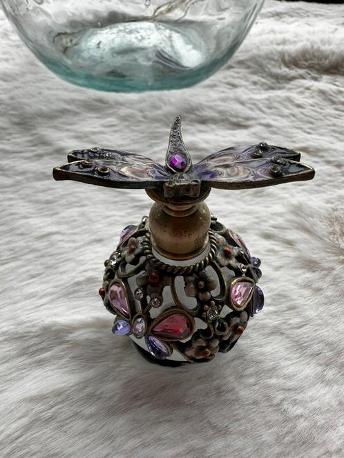vintage Dragonfly Purple Jeweled Satin  glazen parfumfles., Verzamelen, Parfumverzamelingen, Gebruikt, Parfumfles, Ophalen of Verzenden