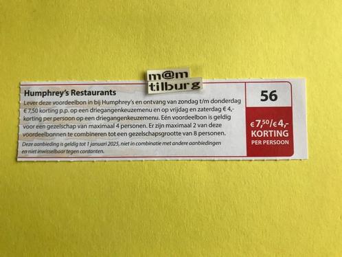Bon 56 Humphrey's Restaurants €7,50/€4,- korting p.p., Tickets en Kaartjes, Kortingen en Cadeaubonnen, Drie personen of meer, Overige typen
