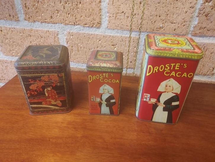 3 oude blikken, thee blik en 2 cacao blikken., Verzamelen, Blikken, Gebruikt, Overige, Droste, Verzenden