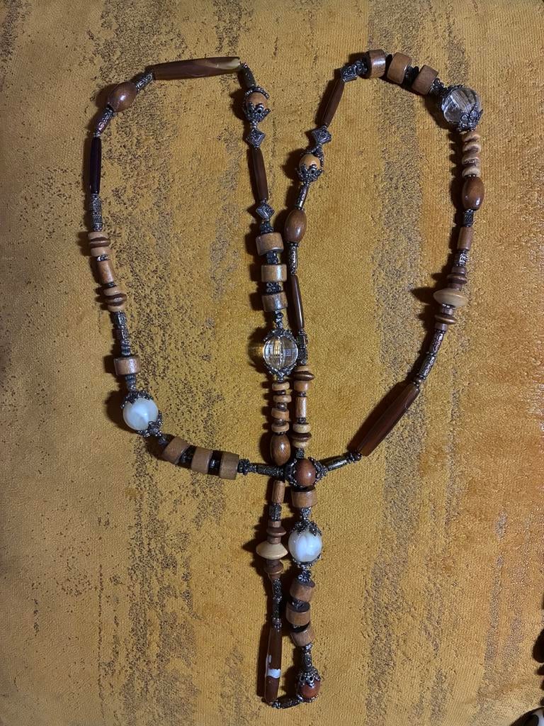 Vintage Lange Ketting met Houten en Plastic Kralen, Sieraden, Tassen en Uiterlijk, Kettingen, Met hanger, Kunststof, Gebruikt