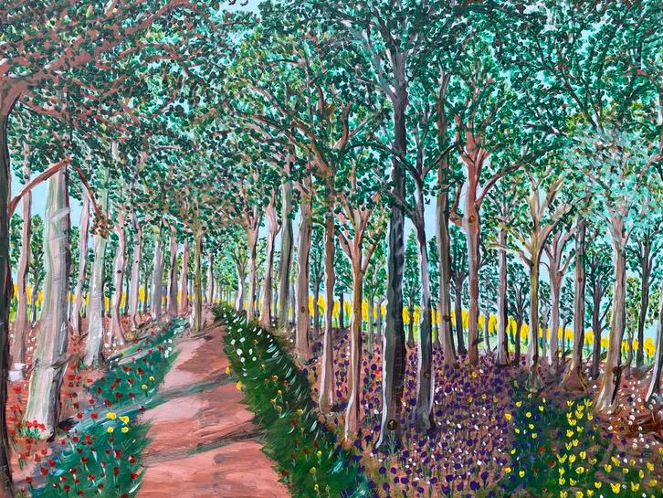 Groot landschap in de stijl van David Hockney, Antiek en Kunst, Kunst | Schilderijen | Modern, Ophalen