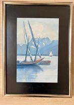 Mooie aquarel van zeilbootjes op meer met bergen. 35 x 20, Ophalen of Verzenden