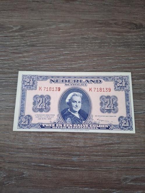 Bijna UNC biljet 2,5 gulden Wilhelmina 1945, 1-lettervariant, Postzegels en Munten, Bankbiljetten | Nederland, Ophalen of Verzenden