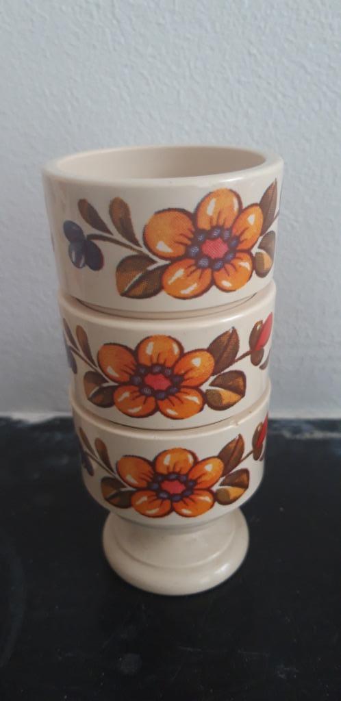 Retro EMSA eierdopjes met bloemenprint – set van 7, Verzamelen, Retro, Huis en Inrichting, Ophalen of Verzenden