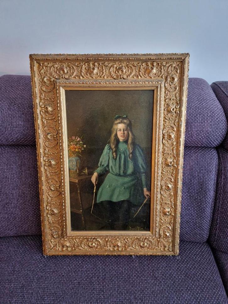 Olieverfschilderij van David Bles, meisje met stokken, Antiek en Kunst, Kunst | Schilderijen | Klassiek, Ophalen of Verzenden
