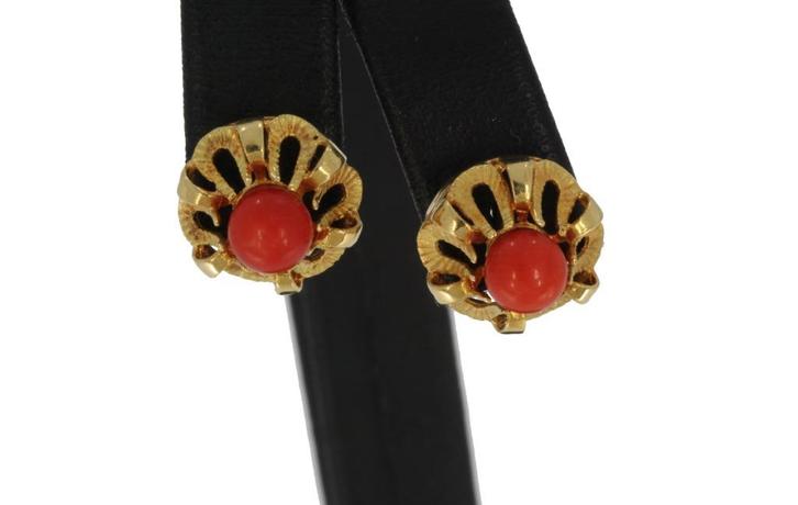 Bloedkoraal fraai set 14k gouden oorbellen dames stekers, Sieraden, Tassen en Uiterlijk, Antieke sieraden, Oorbellen, Goud, Met edelsteen