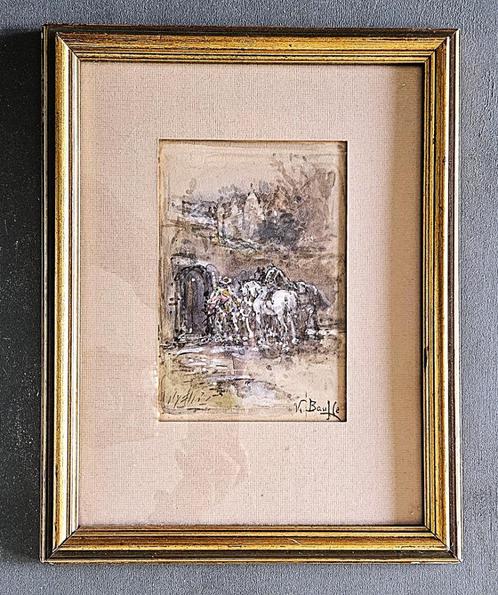 Victor Bauffe (1849-1921), paarden bij een poortje, Antiek en Kunst, Kunst | Schilderijen | Klassiek, Ophalen of Verzenden