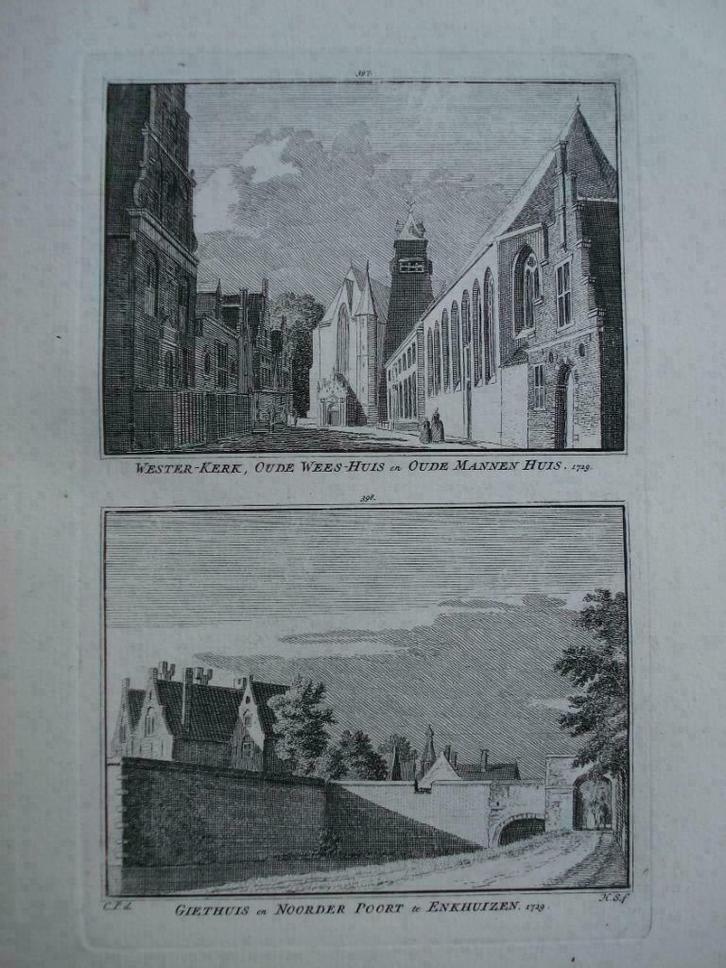 397-398 /Enkhuizen Westerkerk Weeshuis Giethuis Kopergravure, Antiek en Kunst, Kunst | Etsen en Gravures, Ophalen of Verzenden