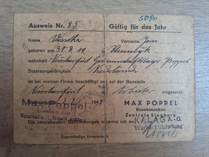 Ausweis Jan Visscher Steenwijk arbeitseinsatz Max Poppel AG, Verzamelen, Militaria | Tweede Wereldoorlog, Nederland, Verzenden