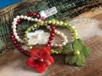 Armbanden bloem stretch zoetwater parels groen rood creme, Verzenden, Nieuw, Rood, Overige materialen