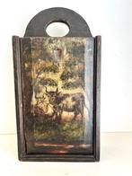 Antiek houten schooltas met schildering koe in landschap, Ophalen