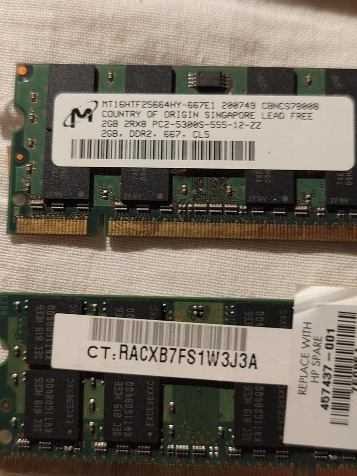 2x 2GB DDR2 geheugen modules, Computers en Software, RAM geheugen, Gebruikt, Laptop, DDR2, Ophalen of Verzenden