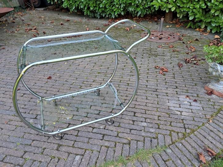 Vintage Serveerwagen Chroom & Glas - Jaren '50, Huis en Inrichting, Tafelonderdelen, Gebruikt, Rechthoekig, Glas, Ophalen