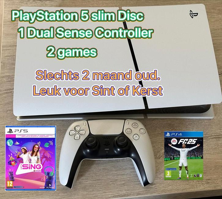 PS5 Slim Disc + 2 Games, 1 controller, slechts 2 maand oud, Spelcomputers en Games, Spelcomputers | Sony PlayStation 5, Zo goed als nieuw