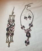 Sieradenset ketting, armband & oorbellen roze/ aubergine., Overige materialen, Verstelbaar, Ophalen of Verzenden, Zo goed als nieuw