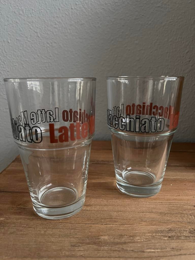 Latte Macchiato Glazen met Tekst - 350ml, Huis en Inrichting, Keuken | Servies, Zo goed als nieuw, Glas of Glazen, Overige stijlen