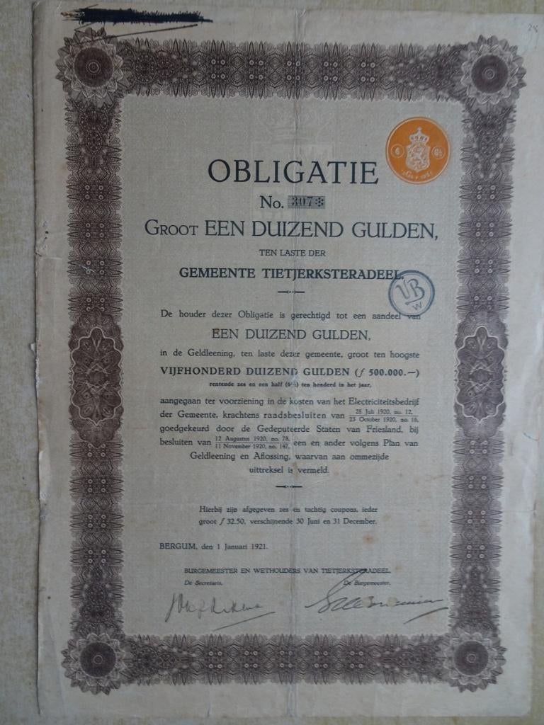 Obl. 1000 gulden Gemeente Tietjerksteradeel. Bergum 1921, Postzegels en Munten, Aandelen en Waardepapieren, Ophalen of Verzenden