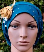 Chemo-haarverlies tricot beany met corsage. no 73 B. Groen., Anna, Maat 42/44 (L), Nieuw, Ophalen of Verzenden