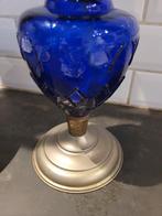 Oude blauw glazen olielamp met metalen voet, Antiek en Kunst, Ophalen of Verzenden