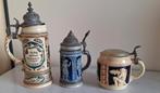 Antieke Bierpullen met Tinnen Deksel - Set van 3, Antiek en Kunst, Antiek | Keramiek en Aardewerk, Ophalen of Verzenden