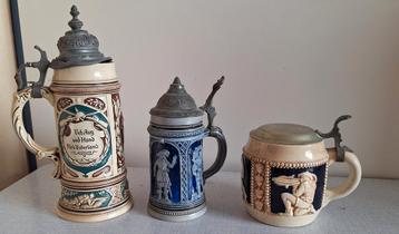 Antieke Bierpullen met Tinnen Deksel - Set van 3 beschikbaar voor biedingen