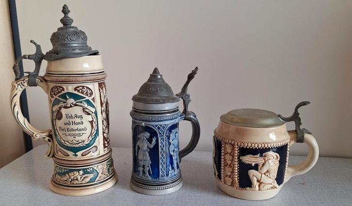 Antieke Bierpullen met Tinnen Deksel - Set van 3, Antiek en Kunst, Antiek | Keramiek en Aardewerk, Ophalen of Verzenden