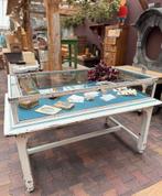 Prachtige tafel-vitrine, metaal/hout, oud-wit, turquoise, Ophalen