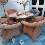 4 rotan stoelen met tafel met kussens, Ophalen, Gebruikt, Riet of Rotan