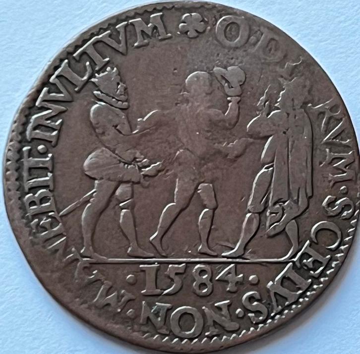 Dordrecht jeton 1584 moord Willem van Oranje, Postzegels en Munten, Penningen en Medailles, Overige materialen, Nederland, Ophalen of Verzenden