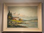 Mooi Schilderij van een huisje en een meer met bergen op de, Ophalen of Verzenden