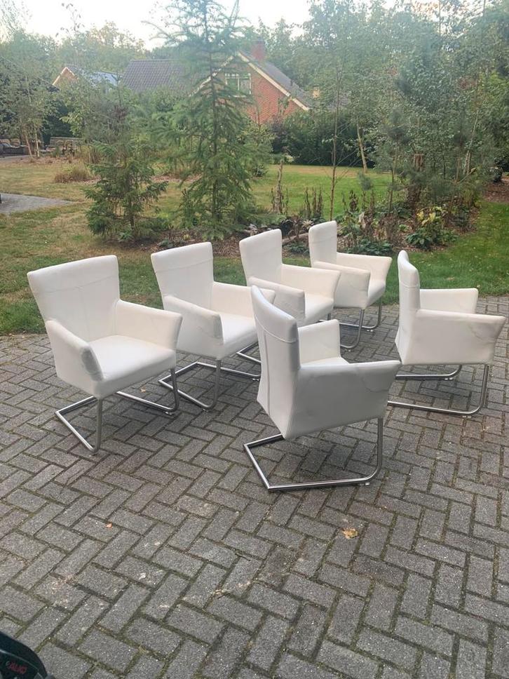 Eetkamerstoelen wit leer rvs buisframe 6x, Huis en Inrichting, Stoelen, Zo goed als nieuw, Vijf, Zes of meer stoelen, Leer, Metaal
