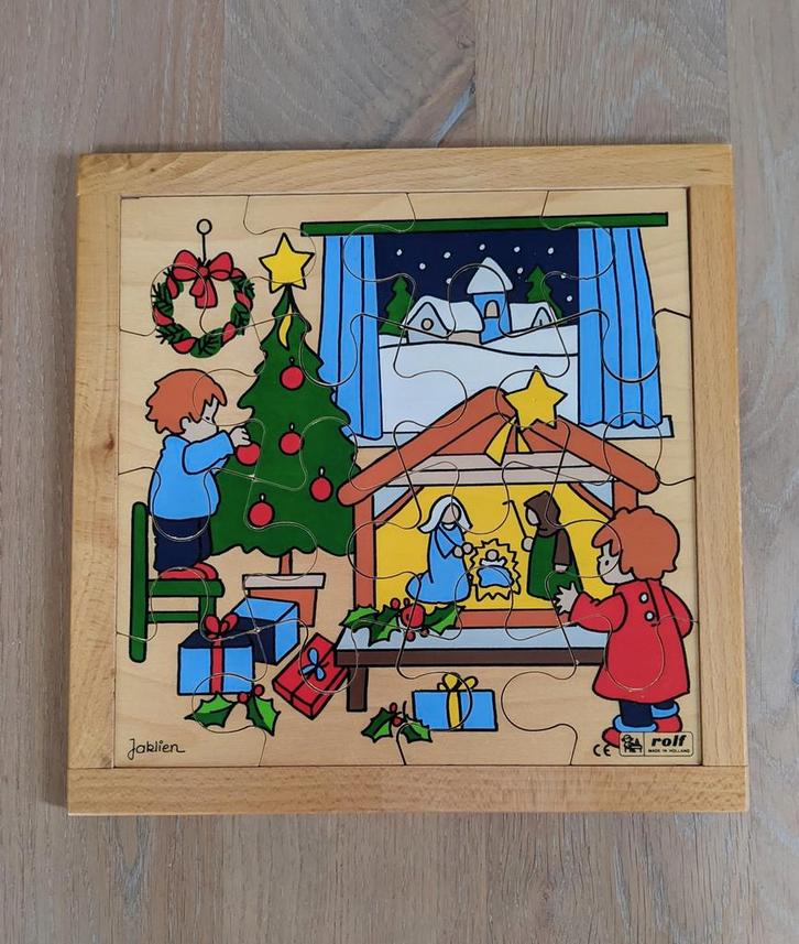 Houten Puzzel - Kerststal Rolf/Jaklien., Kinderen en Baby's, Speelgoed | Kinderpuzzels, Zo goed als nieuw, 2 tot 4 jaar, 10 tot 50 stukjes