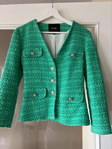 Maje green tweed fitted collarless jacket size 36 beschikbaar voor biedingen