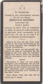 Dionysius Snoeren 1870 Oosterhout + 1945 x Maria Bakx, Verzenden, Bidprentje