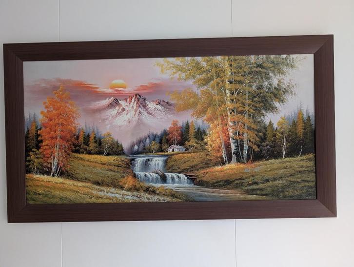 Schilderij Herfstbos met bergen, waterval en zonsondergang, Huis en Inrichting, Woonaccessoires | Schilderijen, Tekeningen en Foto's