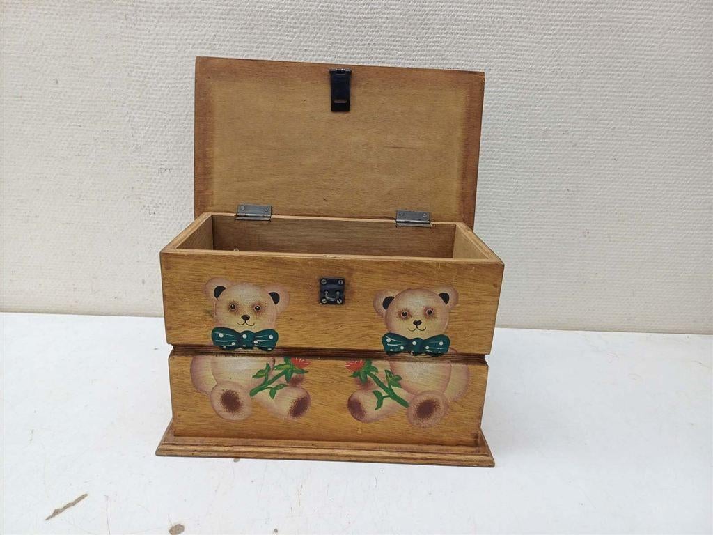 Houten kistje met prent van beeren met een roosje 39926, Huis en Inrichting, Woonaccessoires | Kisten, Ophalen of Verzenden, Gebruikt