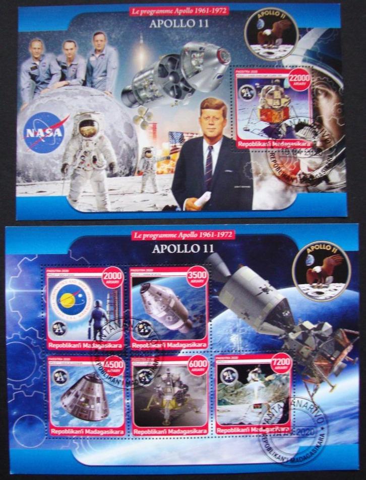 - 422 - 2 Bl. Amer. Apollo 11 met Astronauten + Kennedy., Postzegels en Munten, Postzegels | Thematische zegels, Gestempeld, Overige thema's