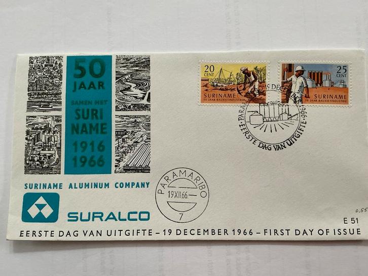 Suriname 1966 Eerste Dag Envelop - Suralco Aluminum Company, Postzegels en Munten, Postzegels | Eerstedagenveloppen, Beschreven