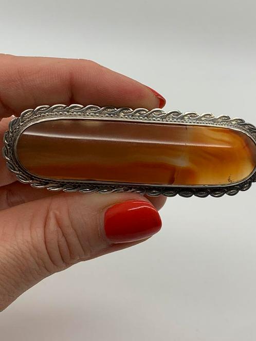 V529 Prachtige zilveren agaat broche, Sieraden, Tassen en Uiterlijk, Antieke sieraden, Broche, Zilver, Ophalen of Verzenden