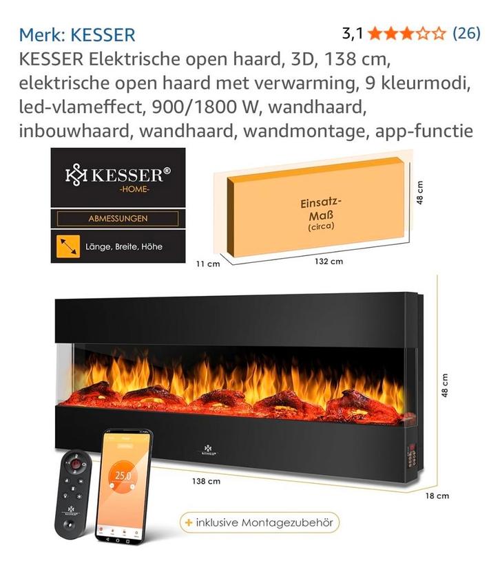 Goed lezen Kesser Elektrische Inbouwhaard met LED Vlameffect, Huis en Inrichting, Kachels, Nieuw, Inbouw, Overige soorten, Elektrisch